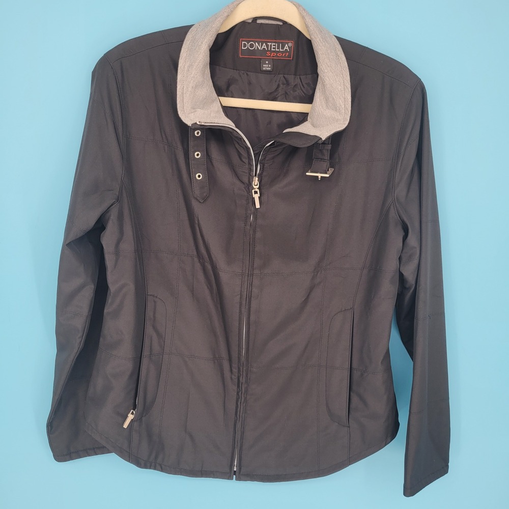 Donatella Sport Jacket Women Size M Black Lightweight Full Zip Mock Neck Buckle